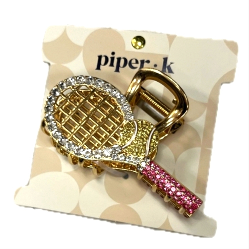 🎾🔹️Piper K🔹️ Tennis Racket and Ball Metal Rhinestone Claw Hair Clip ✨️🎾